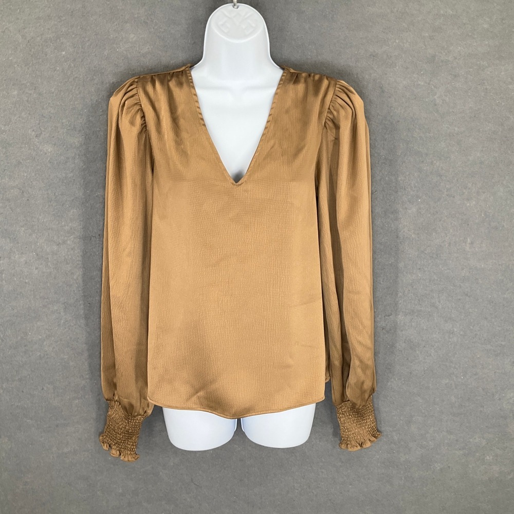 Blouse Womens Sz S Brown Gold Textured V Neck Smocked Sleeve Office Career